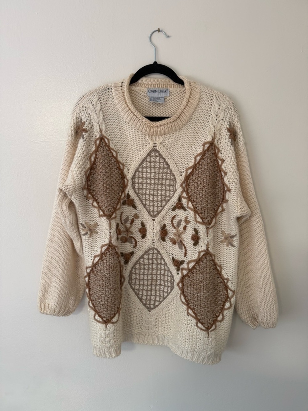 Vintage 90s Sz Lg Cottagecore Grandma Knit Chunky Neutral Sweater Patchwork Tan - Picture 2 of 16